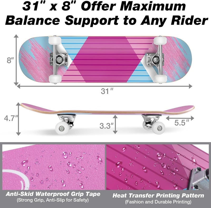 BELEEV Skateboards for Beginners, 31 x 8 inch Complete Skateboard for Kids Teens Adults, 7 Layer Canadian Maple Double Kick Deck Concave Cruiser Trick Skateboard with Multifunction Skate T-Tool - Image 5